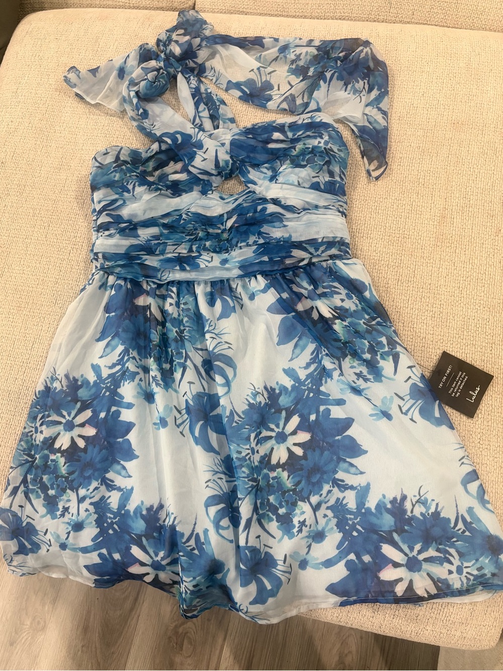 Lulus Blue Floral Chiffon Cutout Halter Mini Dress - Picture 2 of 2